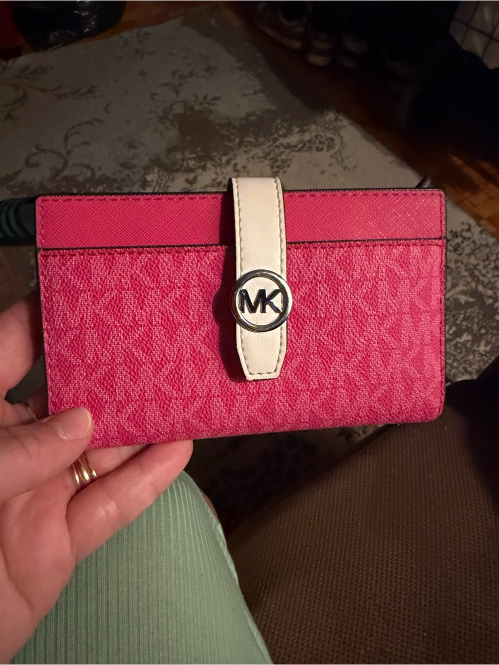 Michael Kors Hot Pink Signature Continental Wallet with Cream Strap